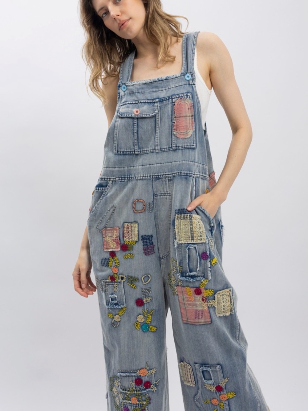 Blue Velvet Embroidered Denim Overalls